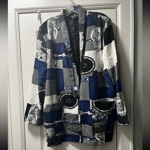 Emily Adams Square 1 Button.Blazer Women Size XL Blue Gray White Black Pockets